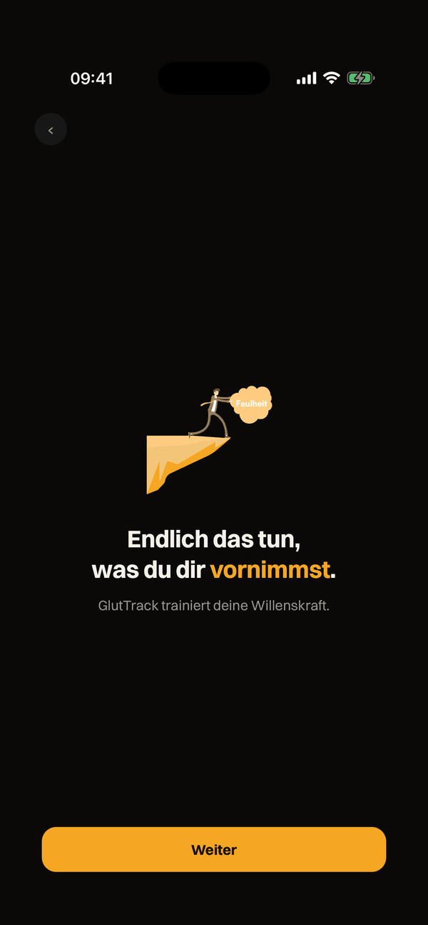 GlutTrack auf dem Telefon: eine gezeichnete Figur stemmt eine Wolke mit der Aufschrift „Faulheit“ über eine Klippe, darunter die Zeilen „Endlich das tun, was du dir vornimmst.“ und „GlutTrack trainiert deine Willenskraft.“